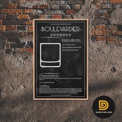 Boulevardier Cocktail - Bar Cart Art - Bar Decor - Framed Canvas Print - Blueprint Art - Patent Art - Home Bar Decor - B