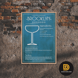 Brooklyn Cocktail - Bar Cart Art - Bar Decor - Framed Canvas Print - Blueprint Art - Patent Art - Home Bar Decor - Bar A