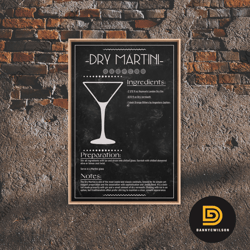 Dry Martini Recipe - Bar Cart Art - Bar Decor - Framed Canvas Print - Blueprint Art - Patent Art - Home Bar Decor - Bar