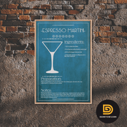 Espresso Martini Recipe Bar Cart Art - Bar Decor - Framed Canvas Print - Blueprint Art - Patent Art - Home Bar Decor - B