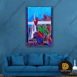 Oil Painting Effect Window Landscape Flower Nature City Roll Up Canvas, Stretched Canvas Art, Framed Wall Art Painting