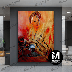 Woman And Wine Glass Canvas Art, Abstract Woman Canvas Print, Warm Colors Wall Art, Wine Glasses Art, Red Wine Print, Wo