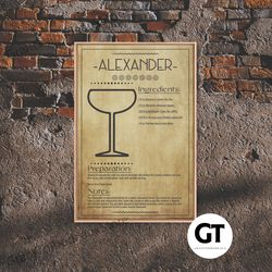 Alexander Cocktail - Bar Cart Art - Bar Decor - Framed Decorative Wall Art - Blueprint Art - Patent Art - Home Bar Decor