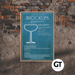 Brooklyn Cocktail - Bar Cart Art - Bar Decor - Framed Decorative Wall Art - Blueprint Art - Patent Art - Home Bar Decor