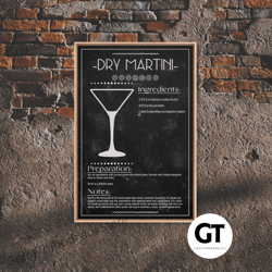 Dry Martini Recipe - Bar Cart Art - Bar Decor - Framed Decorative Wall Art - Blueprint Art - Patent Art - Home Bar Decor