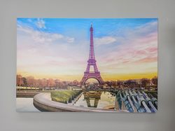 Paris Travel Poster, Sunset Art Canvas, Cityscape Paris, Landscape Canvas Art, Eiffel Tower Photo Printed, Landmark Wall