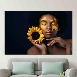 African Woman And Sunflower Wall Art, African Woman Wall Art, Abstract Woman Canvas, African Glass Wall, Gift For Him, L