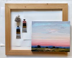 Sunset original landscape acrylic on canvas, pink sky painting, abstract colorful sky, meadow painting