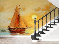 Decals For Walls, Papercraft 3D, 3D Wallpaper, Gift For Her, Fishing Boats Paiting Wall Stickers, Seascape Paper Craft,