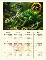 Calendar with green dragon. Calendar 2024 sheet A4 Year of the Dragon. 2024 wall calendar. Desk calendar printable.