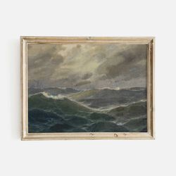 Choppy Sea Ocean Oil Painting, Seagulls Over Stormy Waves, Coastal Wall Art, Vintage Seascape Print, Lake house, Beach L