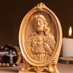 Sacred Heart of Jesus Wood Carving, Religious Catholic Statue, Wooden Religious Gifts, Handmade Housewarming Gift