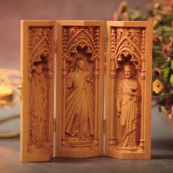 Holy Trinity Triptych of Virgin Mary- Jesus Christ- St. Joseph Wooden Religious Gifts Home Decor Mothers Day Gift Ideas