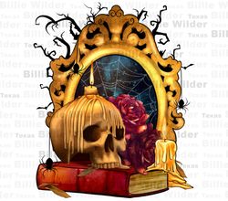 Halloween skull candles and roses png, Happy Halloween png, spooky season png, trick or treat png, Halloween png, sublim