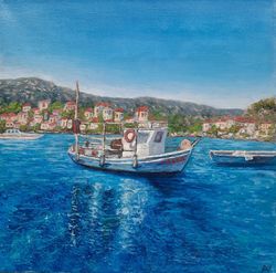 Happy Blue Greece Seascape Oil Painting Original Artwork 12 by 12 Blue Sea Boat Mediterranean Original Handmade Painting
