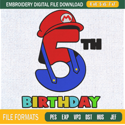 5th Birthday Mario Bros Embroidery Designs, Birthday Machine Embroidery Design, ,Embroidery Design,Embroidery svg,Machin