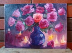 Roses and burning candles flames original handmade oil painting still life 10"x14" 25 x 35 cm