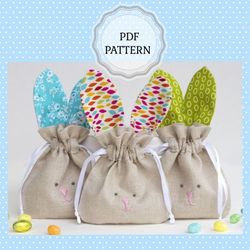 Diy Easter gift Bunny Bags, create Bunny pdf, how to make stuffed Easter rabbit fabric, funny Bunny bag sewing pattern
