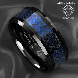 ATOP 8 mm Tungsten Carbide Ring Blue Celtic Dragon Black carbon fibre Men's Jewelry with luxury box