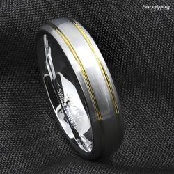 8 mm Tungsten Ring Brushed Silver Dome 18k Gold Wedding Band ATOP Mens Jewelry