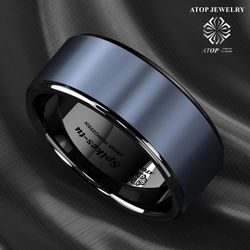 Men's Jewelry Black Tungsten Carbide Ring sea Blue Brushed center wedding Ring Free Shipping