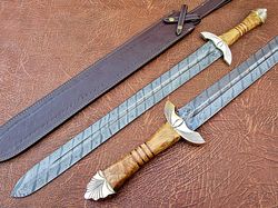 Handmade Damascus Defender Sword engraved Brass Bolster Olive Wood
