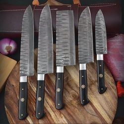 Handmade Damascus Chef Knife Set Of 5 Pcs With leather Sheath