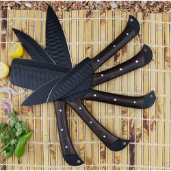5 PC Custom Handmade Hand Forged Black Coated Carbon Steel Chef Set Kitchen Knives