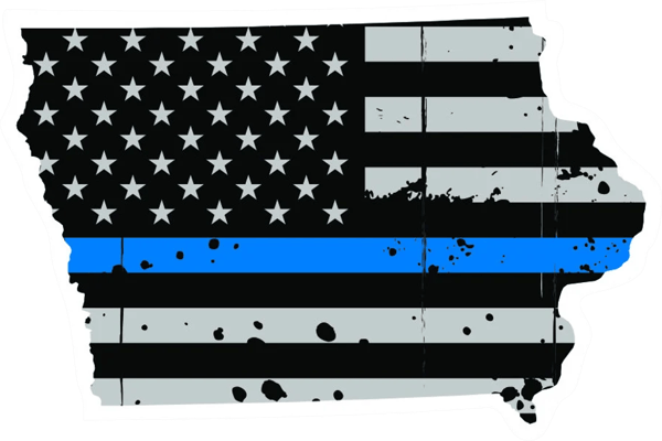 Distressed Thin Blue Line Iowa State Shaped Subdued US Flag Sticker Self Adhesive Vinyl police IA - C3813.png