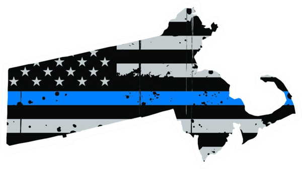 Distressed Thin Blue Line Massachusetts State Shaped Subdued US Flag Sticker Self Adhesive Vinyl - C3837.png
