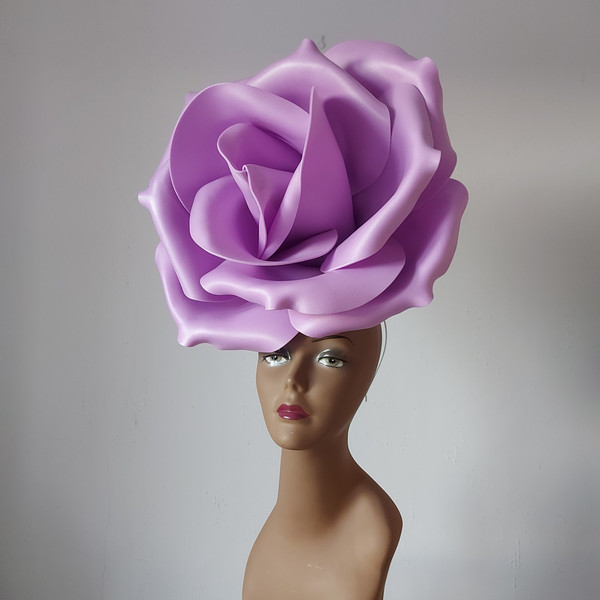 Lavender flower fascinator headband for wedding guest, giant vertical rose on hairband, Kentucky Derby Headdress.jpg