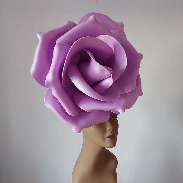Lavender flower fascinator headband for wedding guest, giant vertical rose on hairband,.jpg