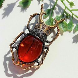 Amber Scarab Brooch Egypt Beetle Jewelry Gift Women Men Christmas Mother Day Gift Jewelry Autumn Bug Brooch Orange gold