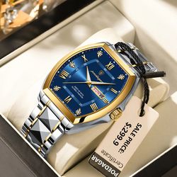 Luxury Stainless Steel Watches for Man Luminous Waterproof Date Week Men Watch Tonneau Case Men's Quartz Watches