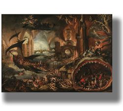 Infernal Landscape. A gloomy hellish scenery with demons, sinners and the mouth of hell. Medieval style gift. 965.