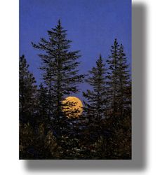 Rising full moon behind the fir trees. Mysterious and mystical landscape. Painting by Carl Gustav Carus. 926