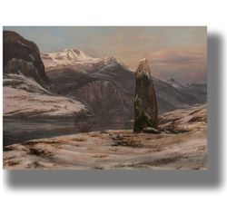 Winter at the Sognefjord. Beautiful north picture. Painting by Johan Christian Dahl. Scandinavian artwork. 949.