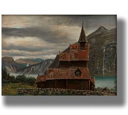Urnes Stave Church in Sogn. Scandinavian landscape print. Painting by Knud Baade. Norwegian gome decor. 944