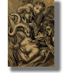The grim art of tormenting sinners and heretics. Infernal gift. Poster of humorous monsters. Religion artwork. 943.