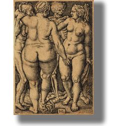 Death and three standing naked women. Eros and Thanatos poster. Death art print. Life and death art. 714.