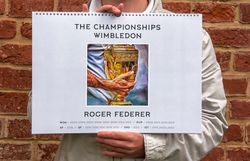 Roger Federer at Wimbledon artbook Calendar 2024. Tennis fan art print gift.