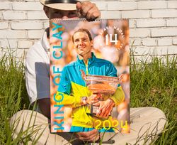 Rafael Nadal with all 14 Roland Garros trophies artbook Calendar 2024. Tennis fan art print gift. Vamos Rafa.