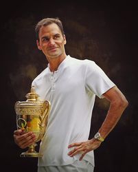 Roger Federer with Wimbledon 2017 cup. Digital artwork print wall poster illustration. Tennis fan art gift.