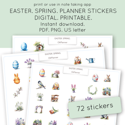 Easter, Spring Sticker Pack for Digital Planners, Calendars, Postcards, Scrapbooks. Set of watercolor stickers.
