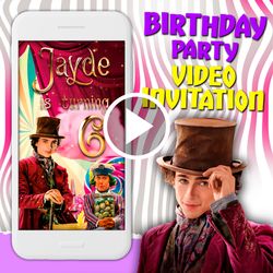 Willy Wonka video invitation, chocolate factory birthday party animated invite, mobile digital video evite, e invite