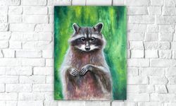 Raccoon Oil Painting, Animal Painting On Canvas, Green Art, Woodland Animal Painting