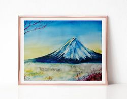 Landscape Watercolor Painting, Fuji Mountain Painting, Original Art, Best Wall Art for Living Room