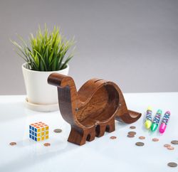 Dinosaur wood piggy bank Vacation adventure fund savings Clear coin bank Kids dino money safe decor Baby boy girl gift