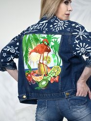 Hand-painted denim jacket for women, designer denim clothing pattern, customized blue jacket, hand-painted flamingos