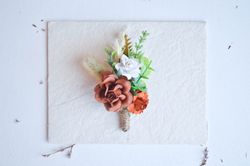 Terracotta wedding boutonniere, Groomsmen accessories, Rustic flower boutonniere, Orange button hole, Fiance boutonniere